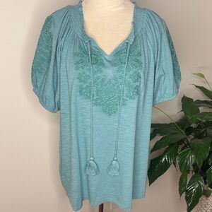 Style & Co. Teal Embroidered Tassel Peasant Tunic